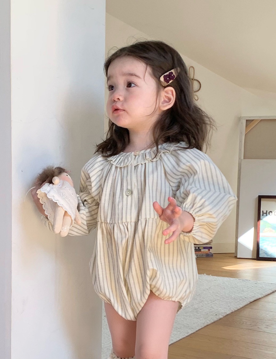 Sage Stripe Ruffle-Collar Romper