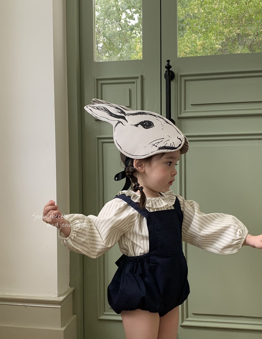 Stripe Frill Blouse & Navy Pinafore Set