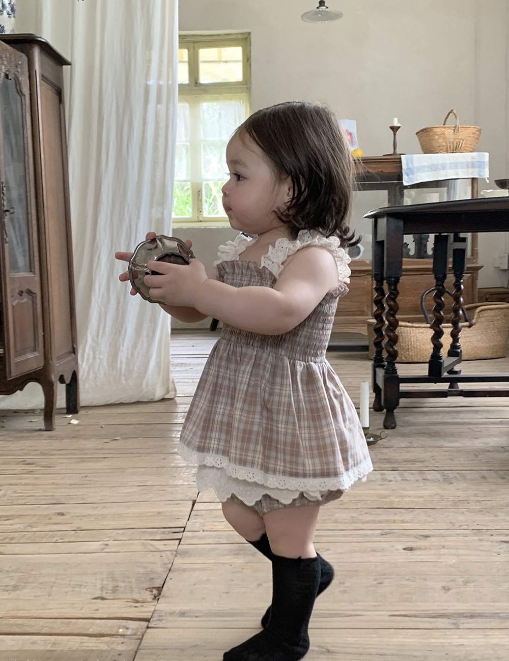 Plaid Smocked Eyelet-Trim Baby Set