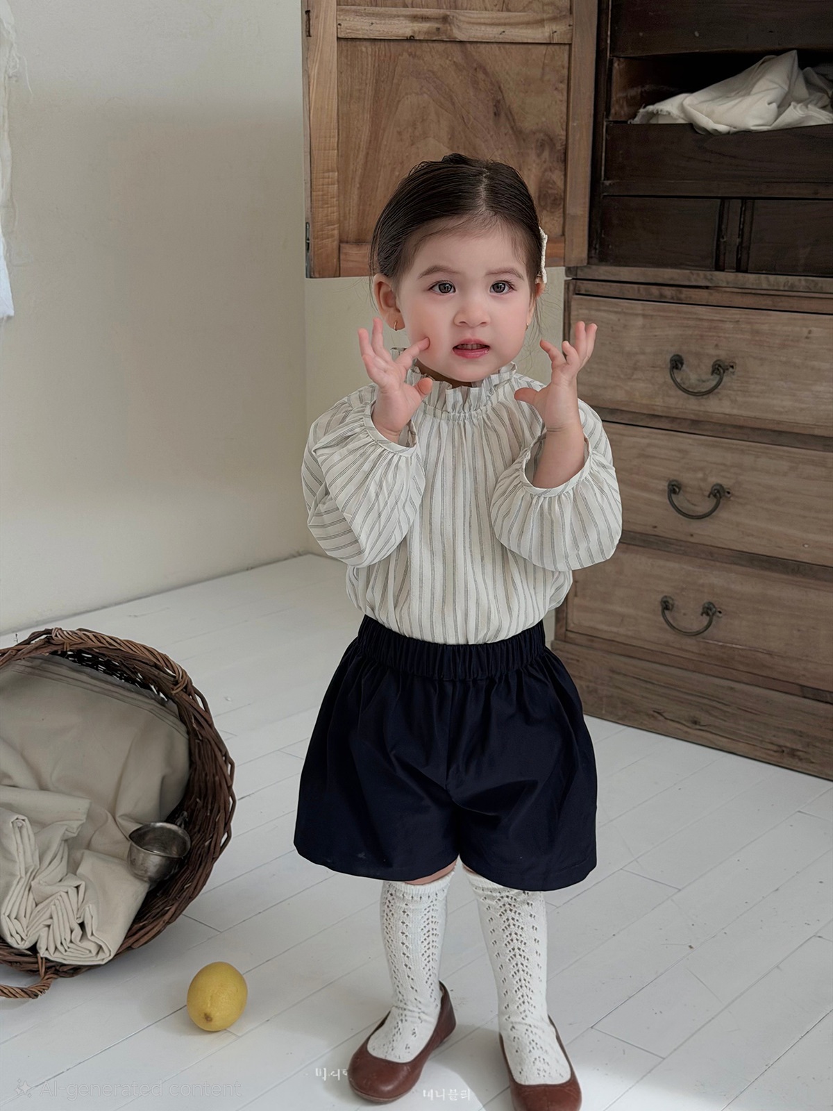 Stripe Puff-Sleeve Ruffle Blouse